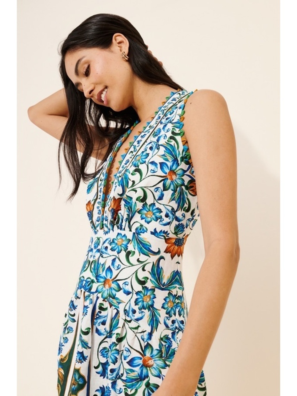 FARM Rio Off-White Flora Tile Scallop Premium Linen Maxi Dress NWT Large - Picture 4 of 8